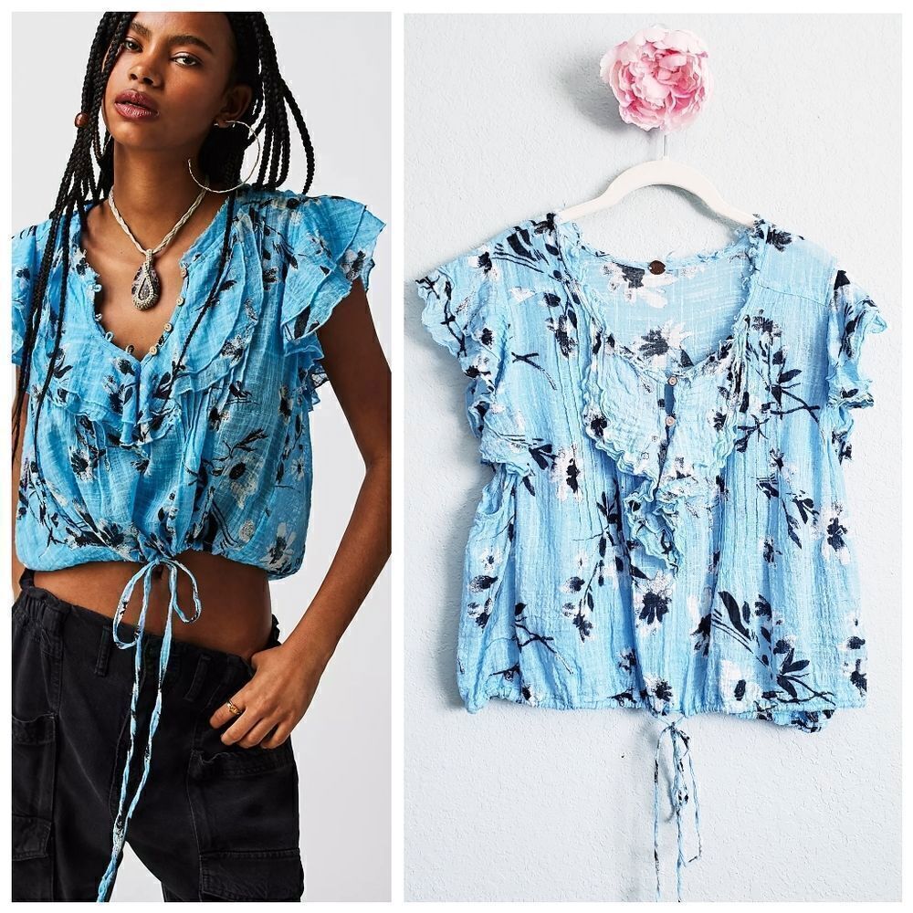Free People One Blue Floral Gauze Naya Top